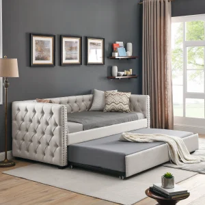 Daybed with Trundle, Upholstered Tufted Sofa Bed, Button & Copper Nail Detail on Square Arms, Twin Size, Beige (85"x42.5"x31.5")