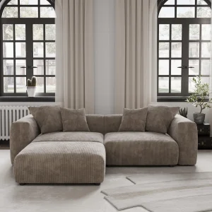 Modern Corduroy Fabric Sectional Couch with 4 Pillows 102" L-Shaped Sofa with Chaise Ottoman Hardwood Frame Sofa for Living Room