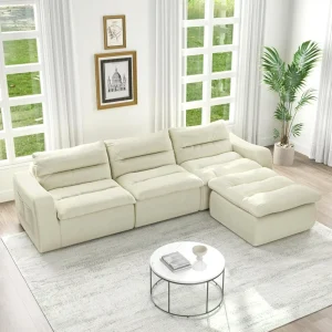 116" Modern Minimalist Lazy L Shaped Couch Set with Ottoman, Comfy 3-Seat Beanbag Sofa for Living Room, Modular Sectional Sofa